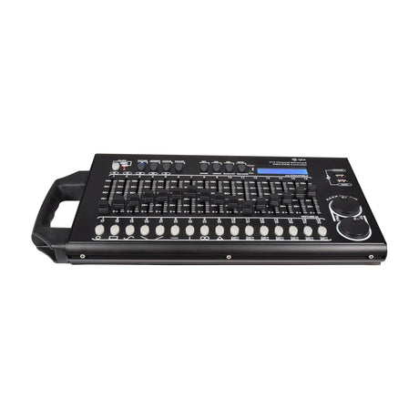 QTX 512 Channel Advanced DMX Lighting Controller with black metal chassis, faders, backlit LCD, jog wheels and detachable carry handle, on white.
