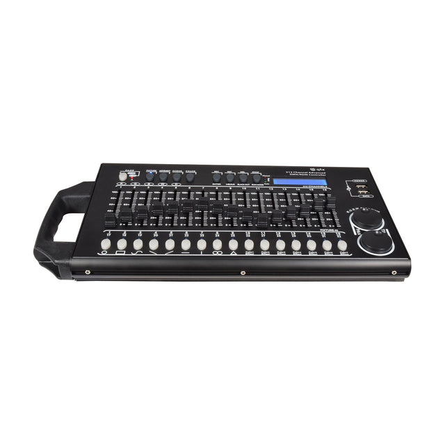 QTX 512 Channel Advanced DMX Lighting Controller with black metal chassis, faders, backlit LCD, jog wheels and detachable carry handle, on white.