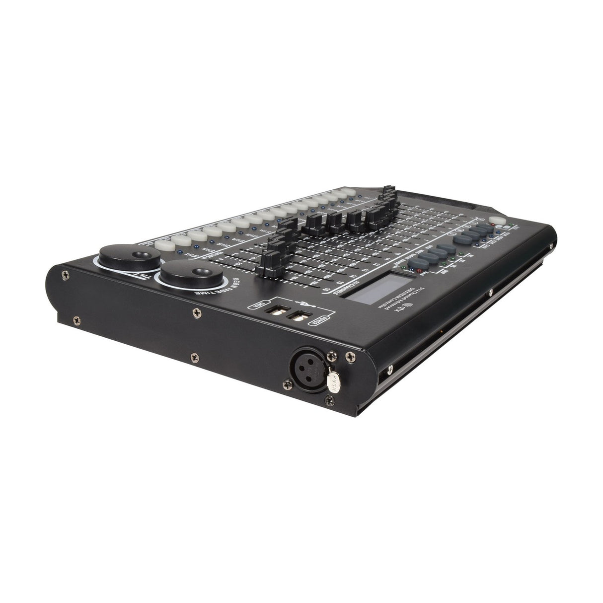 QTX 512 Channel Advanced DMX Lighting Controller by AVSL, side view showing faders, jog wheels, USB ports and XLR output on a black metal chassis.