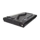 QTX 512 Channel Advanced DMX Lighting Controller by AVSL, side view showing faders, jog wheels, USB ports and XLR output on a black metal chassis.