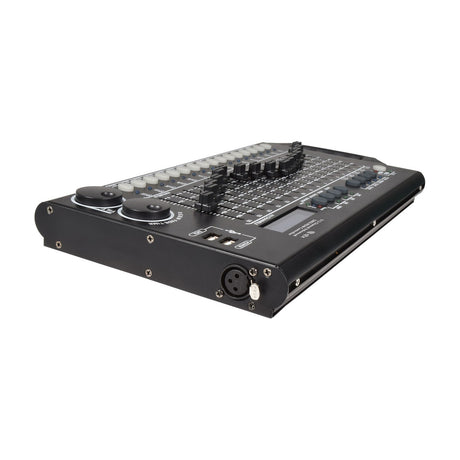 QTX 512 Channel Advanced DMX Lighting Controller by AVSL, side view showing faders, jog wheels, USB ports and XLR output on a black metal chassis.