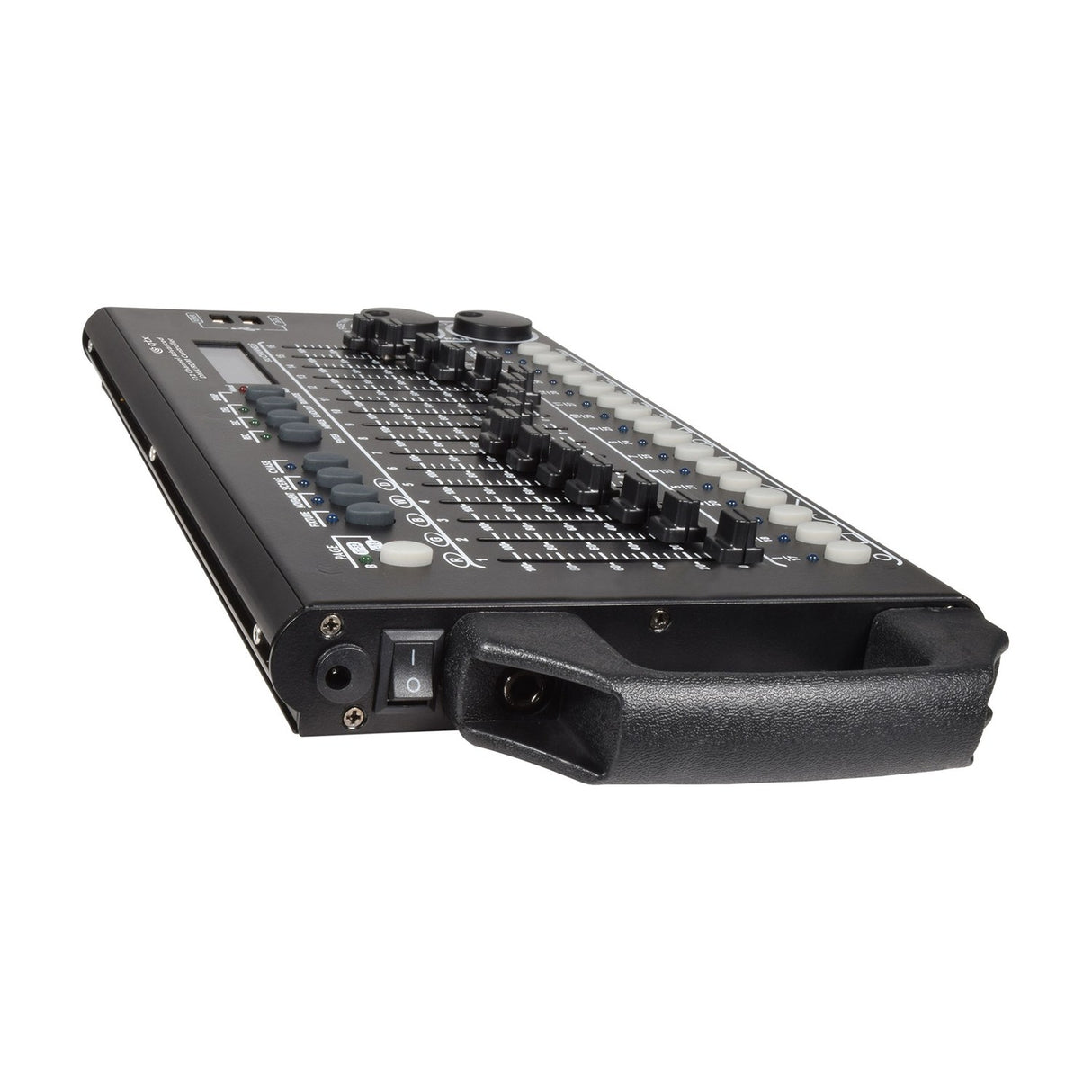 QTX 512 Channel Advanced DMX Lighting Controller by AVSL, angled view showing faders, knobs, LCD, power switch and side carry handle on white.