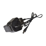 Black UK plug-in power adapter with attached DC output cable for the QTX 512 Channel DMX Lighting Controller by AVSL, on a white background.