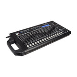 QTX 512 Channel Advanced DMX Lighting Controller with faders, buttons, LCD screen, pan/tilt wheels and carry handle on a white background.