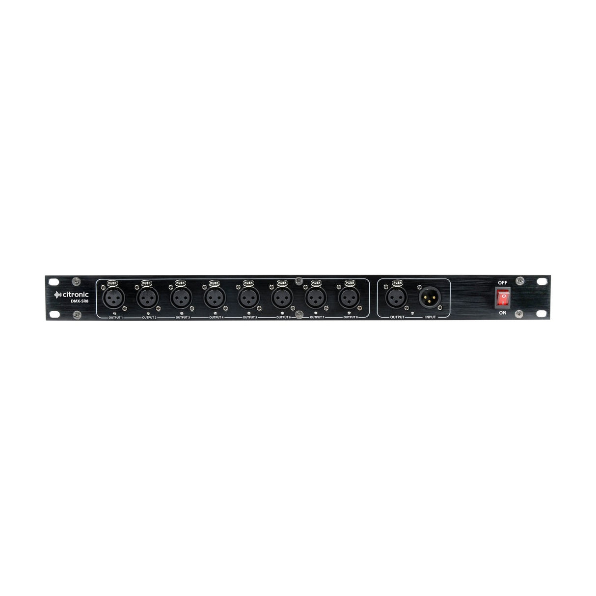Citronic DMX-SR8 1U rack-mount 8-way DMX splitter with eight XLR outputs, XLR input and thru, and red power switch on a white background.