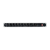 Citronic DMX-SR8 1U rack-mount 8-way DMX splitter with eight XLR outputs, XLR input and thru, and red power switch on a white background.