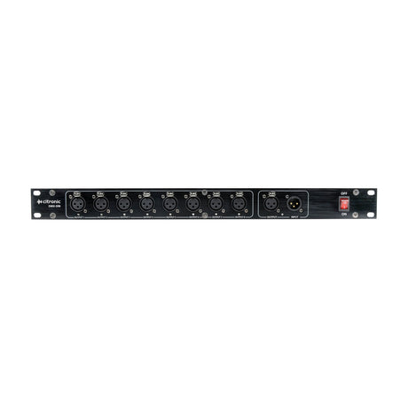 Citronic DMX-SR8 1U rack-mount 8-way DMX splitter with eight XLR outputs, XLR input and thru, and red power switch on a white background.
