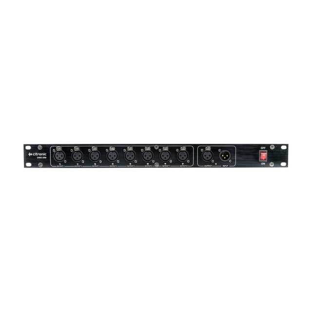 Citronic DMX-SR8 1U rack-mount 8-way DMX splitter with eight XLR outputs, XLR input and thru, and red power switch on a white background.