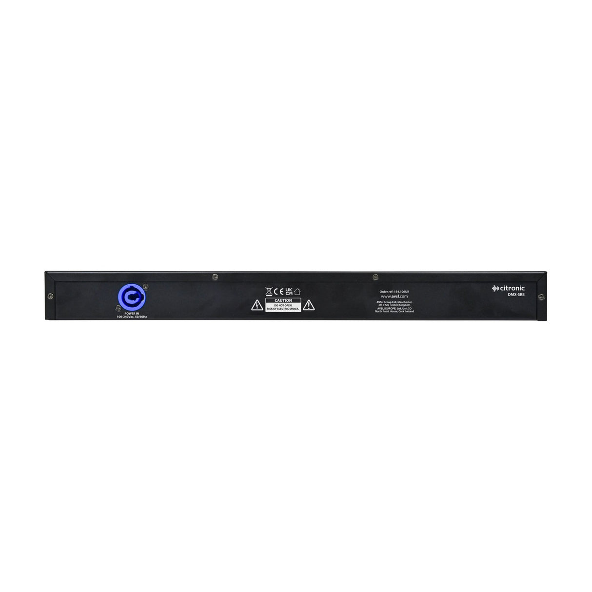 Rear panel of the Citronic DMX-SR8 8-way DMX splitter by AVSL, showing a blue twist-and-lock power inlet and safety labels on a black 1U rack chassis.