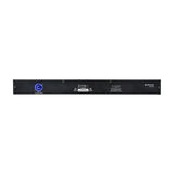 Rear panel of the Citronic DMX-SR8 8-way DMX splitter by AVSL, showing a blue twist-and-lock power inlet and safety labels on a black 1U rack chassis.