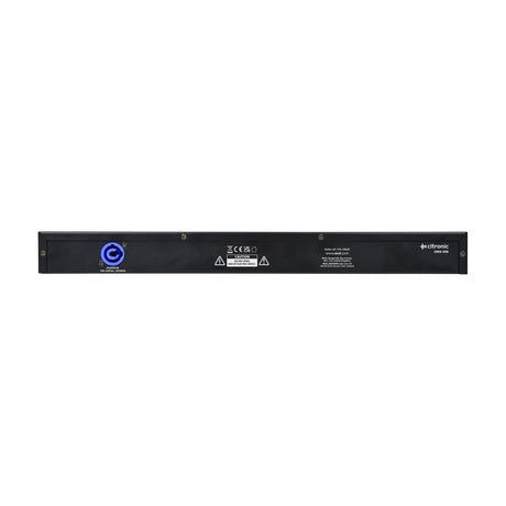 Rear panel of the Citronic DMX-SR8 8-way DMX splitter by AVSL, showing a blue twist-and-lock power inlet and safety labels on a black 1U rack chassis.
