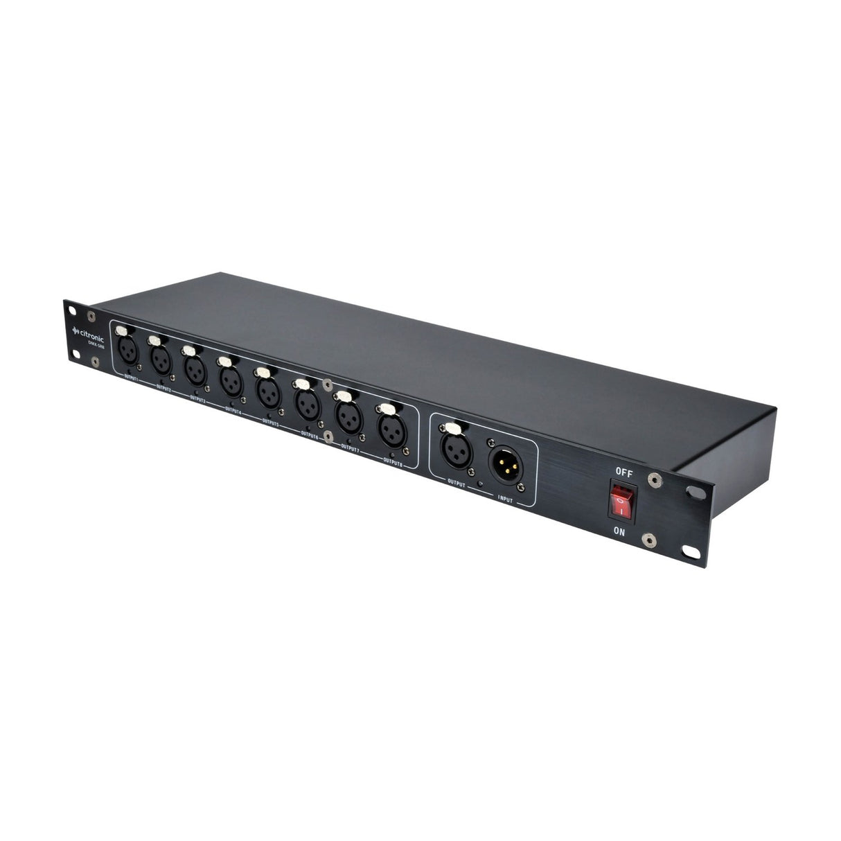 Citronic DMX-SR8 1U rack-mount 8-way DMX splitter in black with eight XLR outputs, XLR input and thru, and red power switch.
