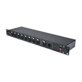 Citronic DMX-SR8 1U rack-mount 8-way DMX splitter in black with eight XLR outputs, XLR input and thru, and red power switch.