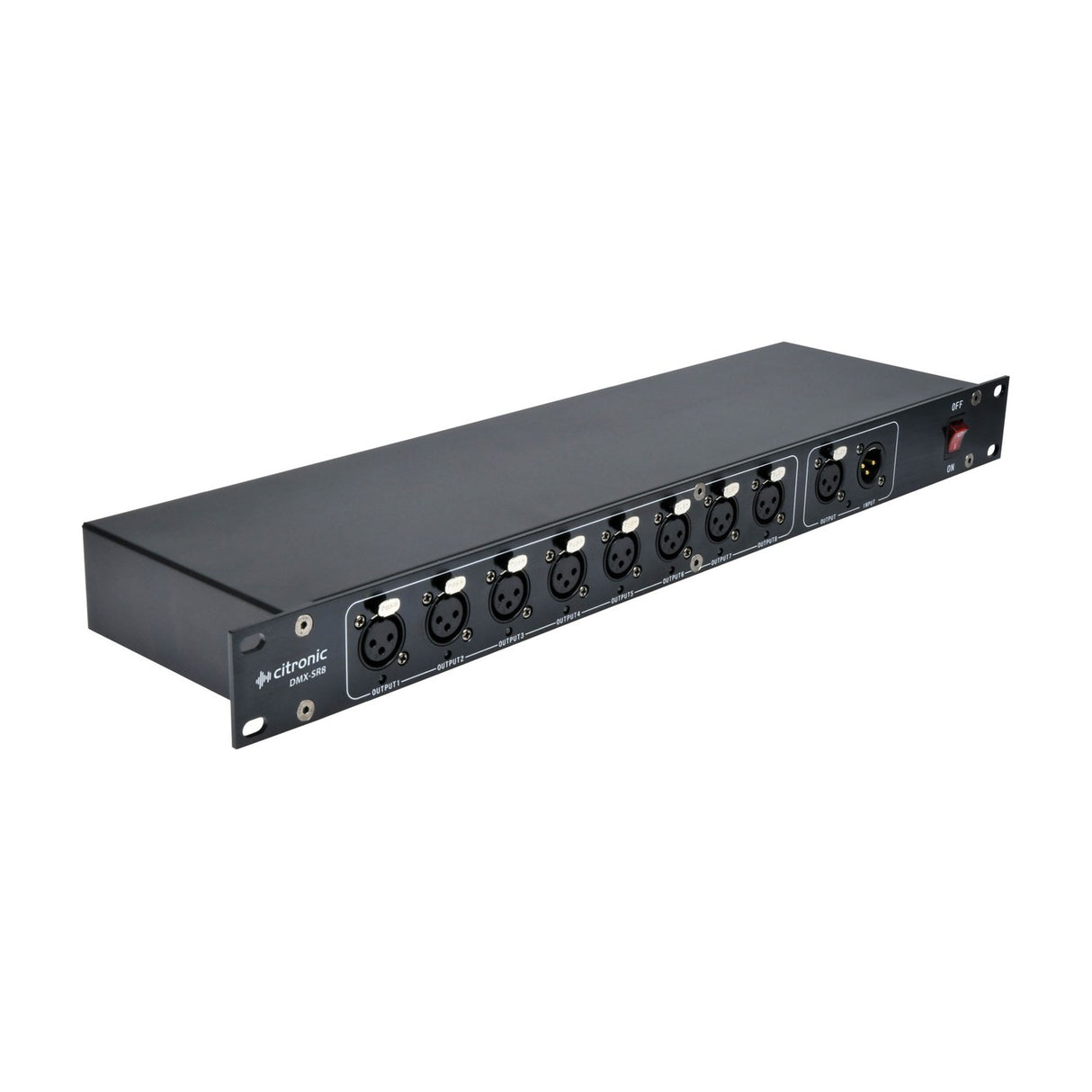 Citronic DMX-SR8 8-way DMX splitter in a 1U black rack chassis with eight XLR outputs, XLR input and thru, and red power switch.