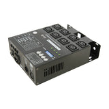 QTX DP4 4 Channel DMX Dimmer Pack by AVSL, black rack-mount unit with eight IEC outputs, LED display, control buttons and side mounting brackets.