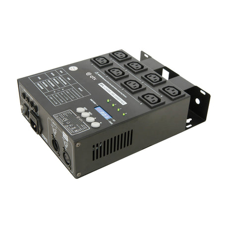 QTX DP4 4 Channel DMX Dimmer Pack by AVSL, black rack-mount unit with eight IEC outputs, LED display, control buttons and side mounting brackets.