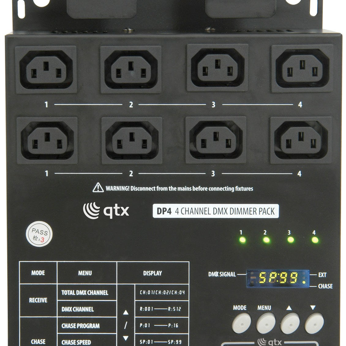 QTX DP4 4 Channel DMX Dimmer Pack close-up showing eight IEC outputs, yellow LED display, channel indicators, and Mode, Menu and arrow buttons.