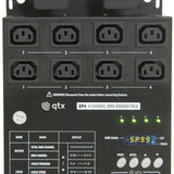 QTX DP4 4 Channel DMX Dimmer Pack close-up showing eight IEC outputs, yellow LED display, channel indicators, and Mode, Menu and arrow buttons.