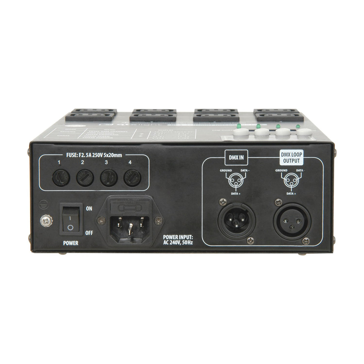 Rear panel of the QTX DP4 4 Channel DMX Dimmer Pack by AVSL, showing four fuses, IEC power inlet, on/off switch, and DMX in/out XLR sockets.
