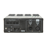 Rear panel of the QTX DP4 4 Channel DMX Dimmer Pack by AVSL, showing four fuses, IEC power inlet, on/off switch, and DMX in/out XLR sockets.