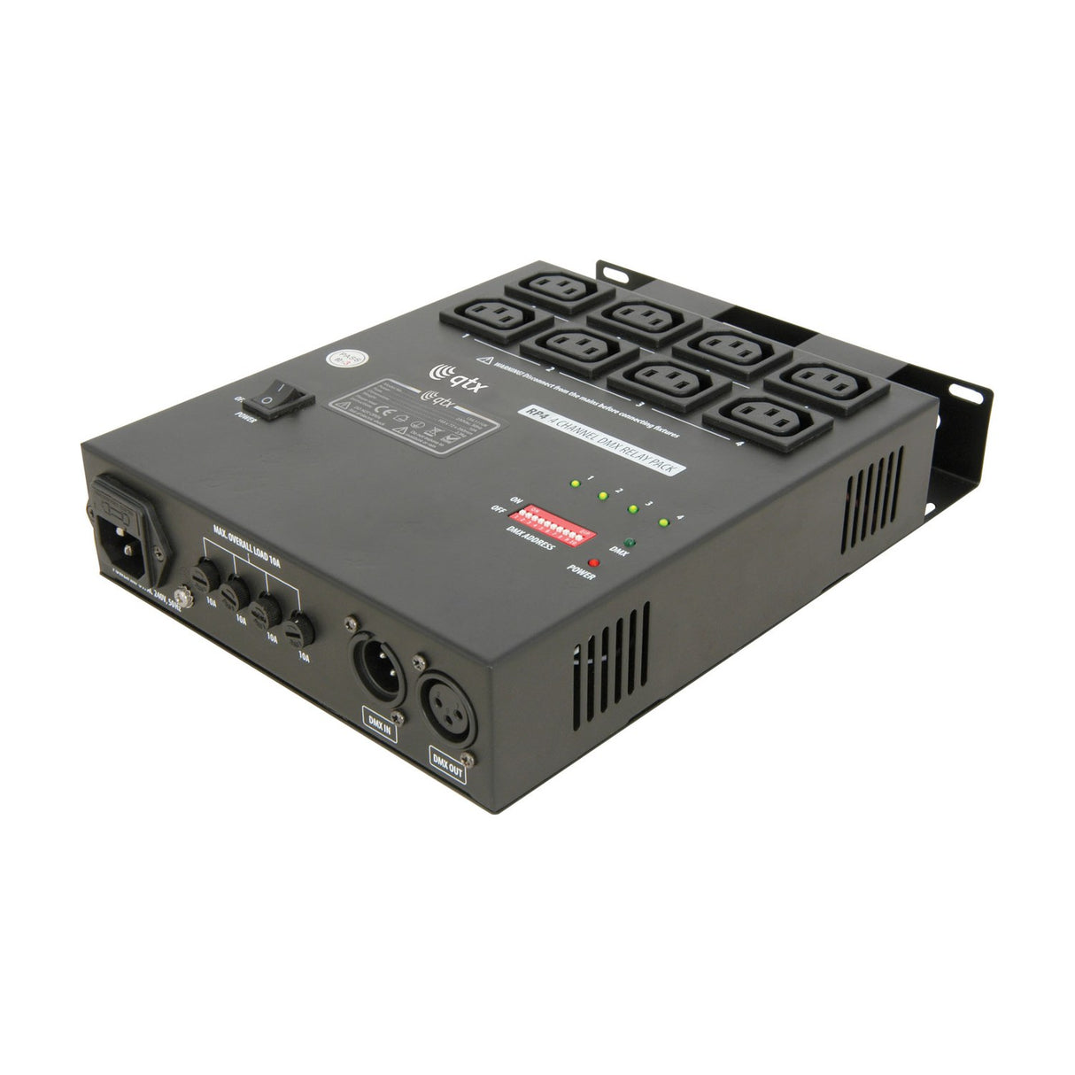 QTX RP4 4 Channel DMX Relay Pack with eight IEC outlets, DIP switch addressing, XLR DMX in/out and status LEDs in a black metal rack housing.