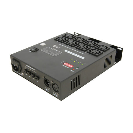 QTX RP4 4 Channel DMX Relay Pack with eight IEC outlets, DIP switch addressing, XLR DMX in/out and status LEDs in a black metal rack housing.