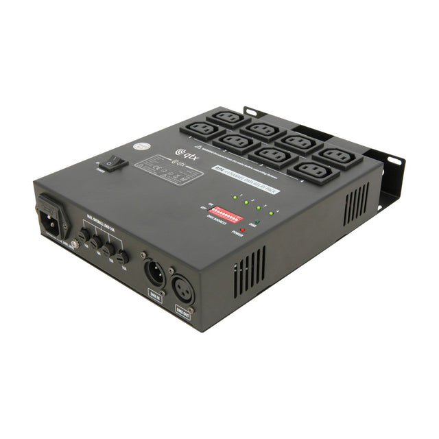 QTX RP4 4 Channel DMX Relay Pack with eight IEC outlets, DIP switch addressing, XLR DMX in/out and status LEDs in a black metal rack housing.