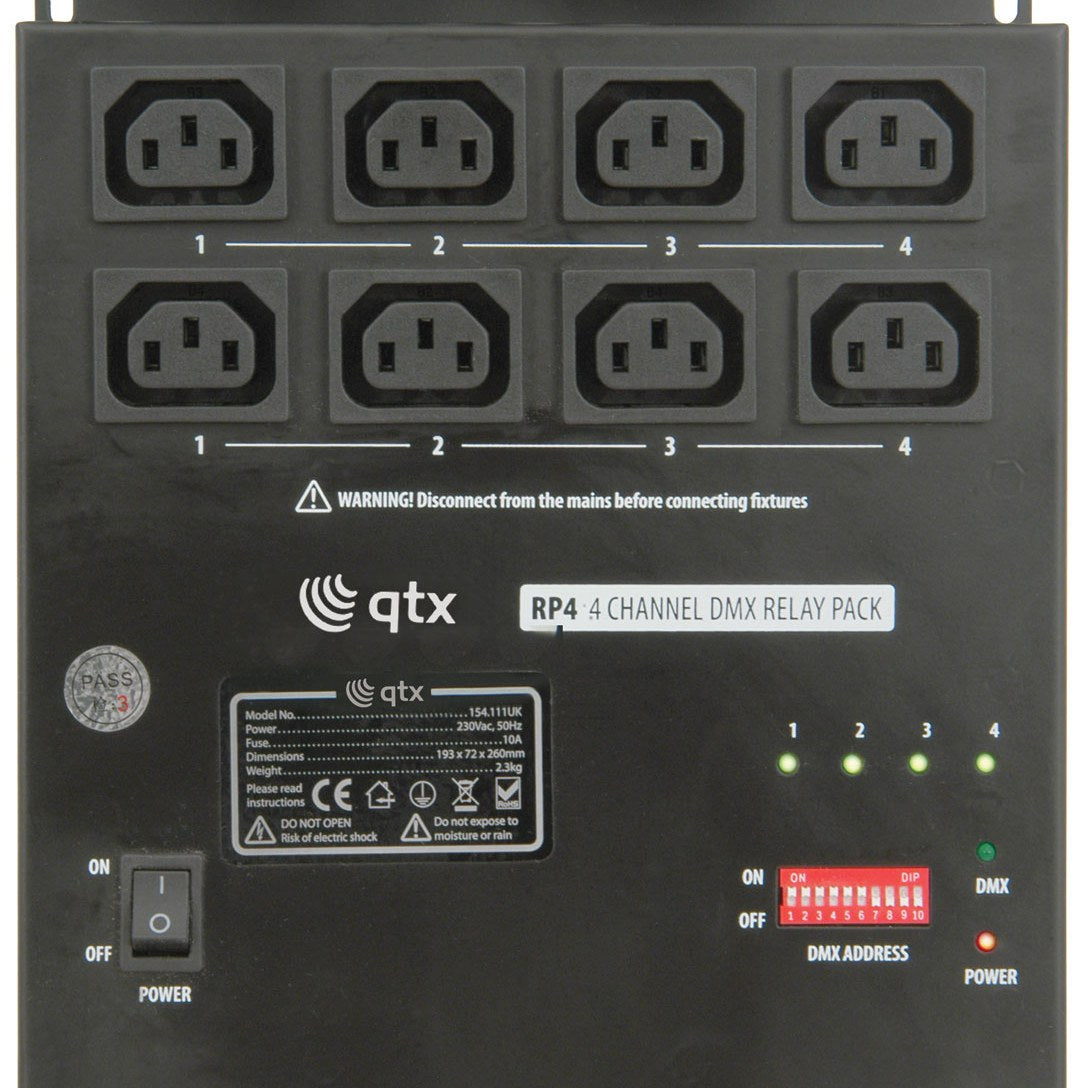 QTX RP4 4 Channel DMX Relay Pack with eight IEC outlets, power switch, DIP switch DMX addressing, status LEDs and labelled front panel.