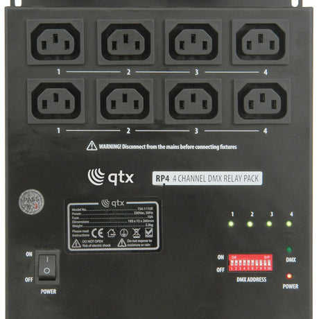 QTX RP4 4 Channel DMX Relay Pack with eight IEC outlets, power switch, DIP switch DMX addressing, status LEDs and labelled front panel.