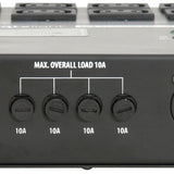 Close-up of the AVSL QTX RP4 4 Channel DMX Relay Pack front panel showing four 10A fuse holders beneath a Max. Overall Load 10A label.