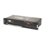 QTX RP12 12-channel DMX relay pack in a 2U black rack-mount chassis with trip switch, twelve fused IEC channels, LED display, control buttons and power switch.