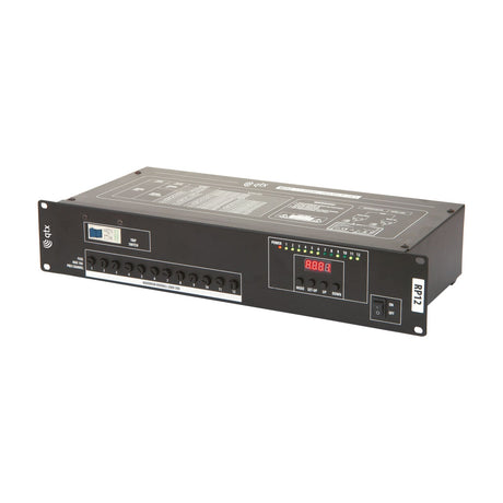 QTX RP12 12-channel DMX relay pack in a 2U black rack-mount chassis with trip switch, twelve fused IEC channels, LED display, control buttons and power switch.