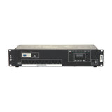 QTX RP12 12-channel DMX relay pack with trip switch, twelve fused IEC channels, digital display, control buttons and channel LEDs in a 2U rack chassis.
