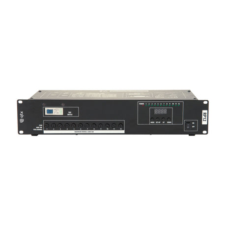 QTX RP12 12-channel DMX relay pack with trip switch, twelve fused IEC channels, digital display, control buttons and channel LEDs in a 2U rack chassis.