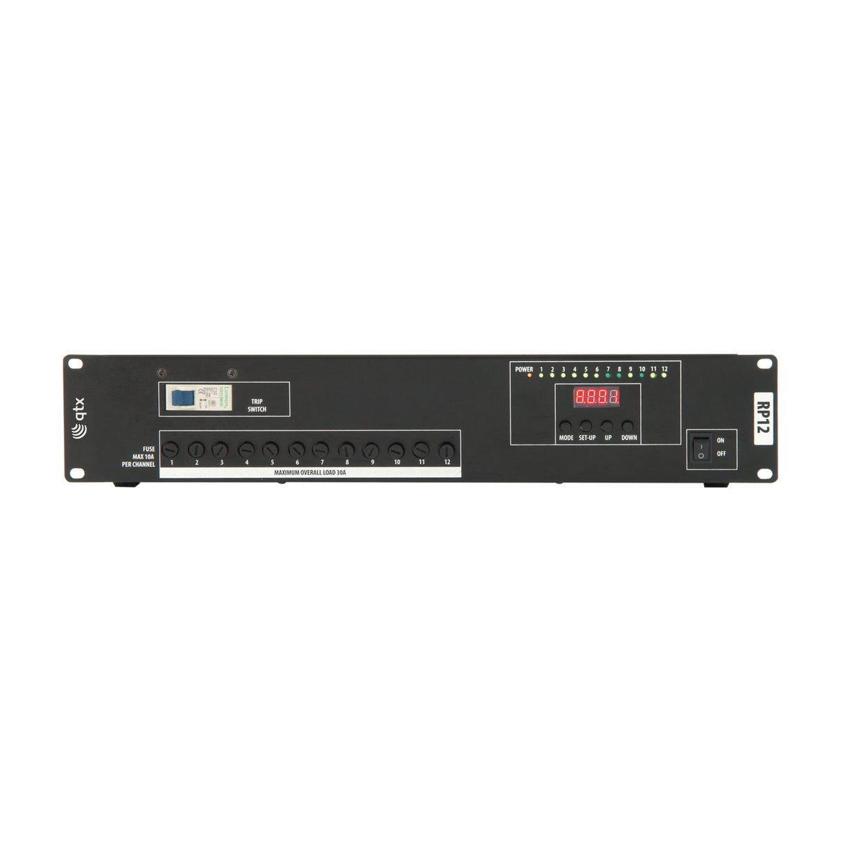 QTX RP12 12-channel DMX relay pack in 2U 19" rack-mount chassis with trip switch, twelve fused channels, LED display, control buttons and power switch.