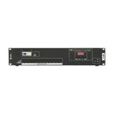QTX RP12 12-channel DMX relay pack in 2U 19" rack-mount chassis with trip switch, twelve fused channels, LED display, control buttons and power switch.