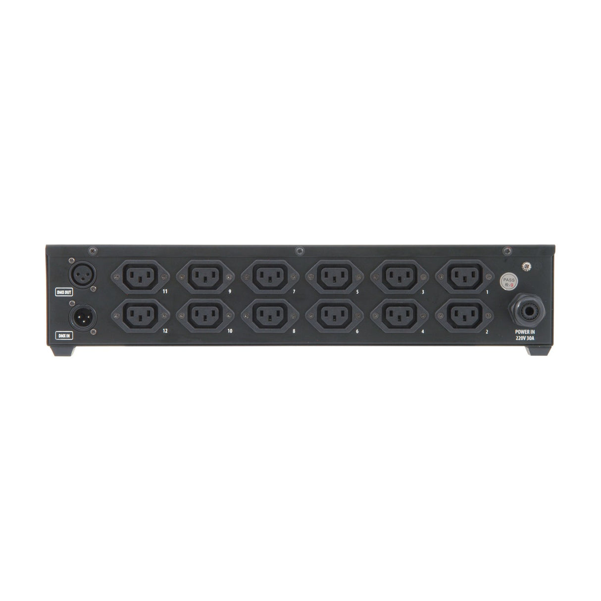 Rear panel of the QTX RP12 12-channel DMX relay pack showing twelve numbered IEC outlets, DMX in and out XLR sockets, and 220V power inlet.