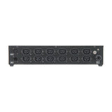 Rear panel of the QTX RP12 12-channel DMX relay pack showing twelve numbered IEC outlets, DMX in and out XLR sockets, and 220V power inlet.