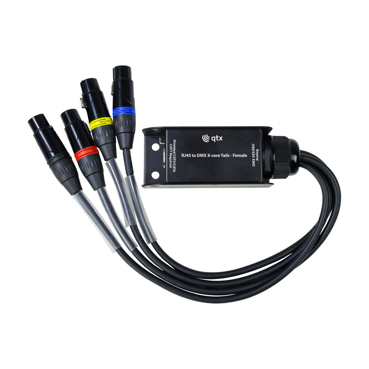 QTX RJ45 to DMX X-core adaptor with four colour-coded female XLR tails and steel enclosure, shown on a plain white background.