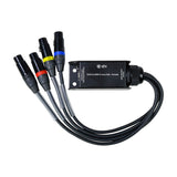 QTX RJ45 to DMX X-core adaptor with four colour-coded female XLR tails and steel enclosure, shown on a plain white background.