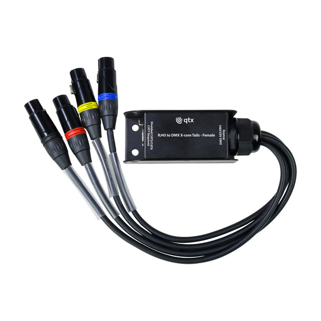 QTX RJ45 to DMX X-core adaptor with four colour-coded female XLR tails and steel enclosure, shown on a plain white background.