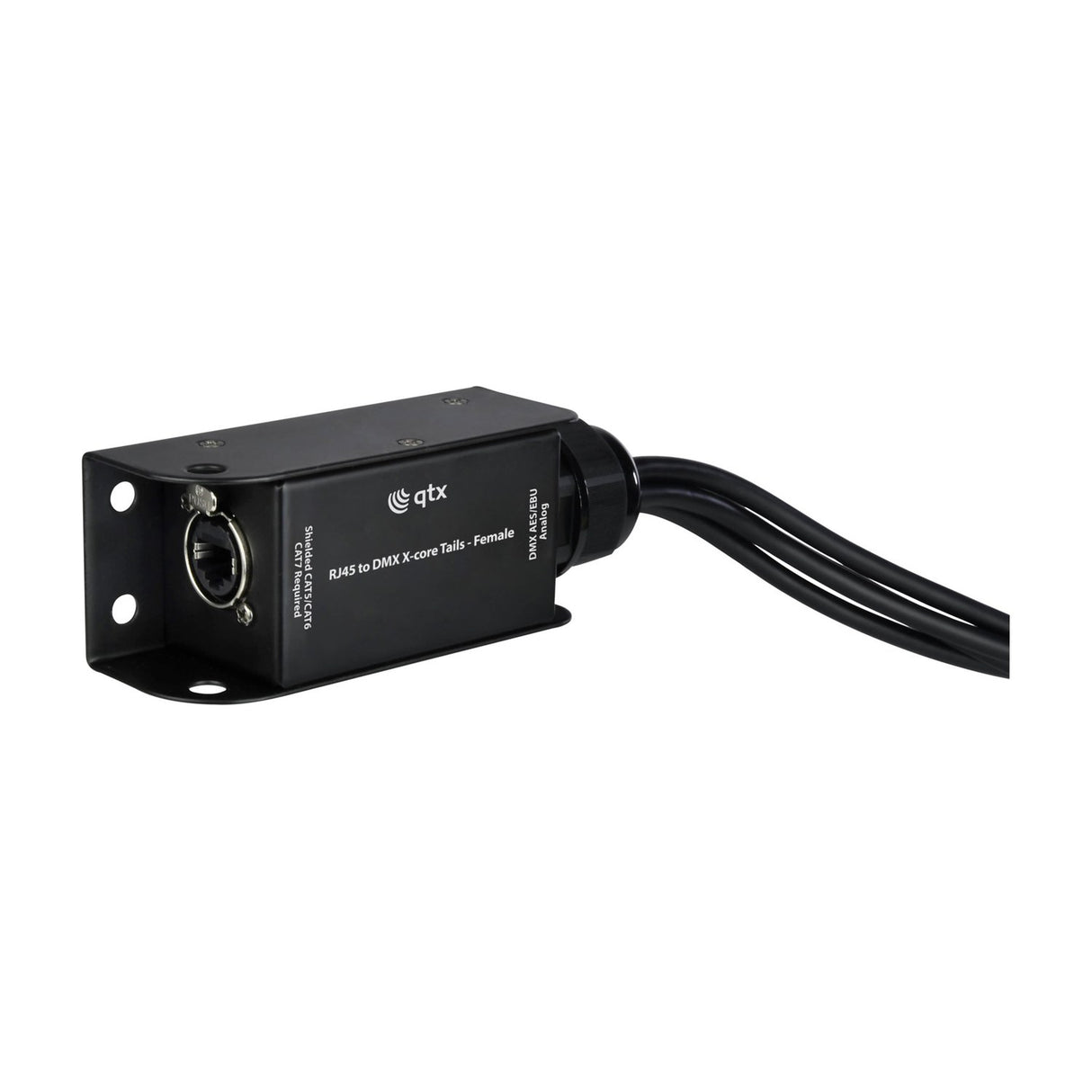 QTX RJ45 to DMX X-core Adaptor with female tails, black steel enclosure with etherCON-style locking RJ45 port and cable tails, on a white background.