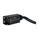 QTX RJ45 to DMX X-core Adaptor with female tails, black steel enclosure with etherCON-style locking RJ45 port and cable tails, on a white background.