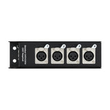 QTX RJ45 to DMX X-core adaptor box by AVSL with four numbered female XLR connectors in a black steel enclosure with side mounting brackets.
