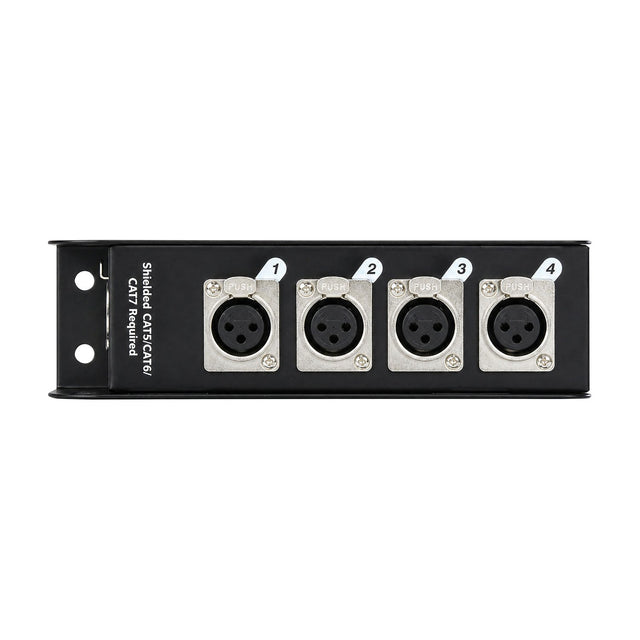 QTX RJ45 to DMX X-core adaptor box by AVSL with four numbered female XLR connectors in a black steel enclosure with side mounting brackets.