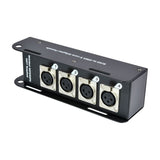 QTX RJ45 to DMX X-core adaptor box by AVSL with four numbered female XLR outputs in a black steel enclosure with mounting brackets, on a white background.