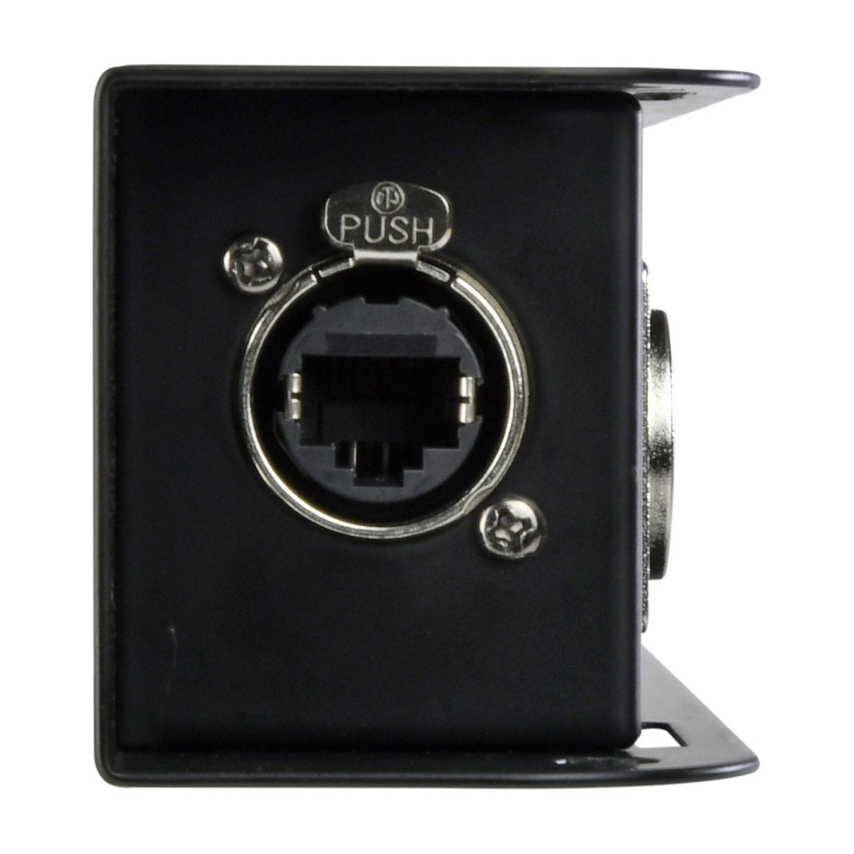 Side view of the QTX RJ45 to DMX X-core adaptor box by AVSL, showing the etherCON-style locking RJ45 port on a black steel enclosure with mounting flanges.