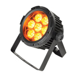 QTX IP65 7x15W RGBWA LED par can light by AVSL, black die-cast aluminium housing with amber-lit LEDs and split floor bracket on a white background.