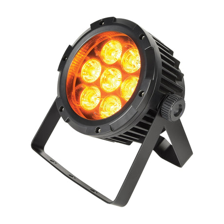 QTX IP65 7x15W RGBWA LED par can light by AVSL, black die-cast aluminium housing with amber-lit LEDs and split floor bracket on a white background.