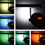 QTX IP65 RGBWA LED par can light shown in yellow, blue, green, white, cyan and red beam demonstrations with illuminated Addr display.